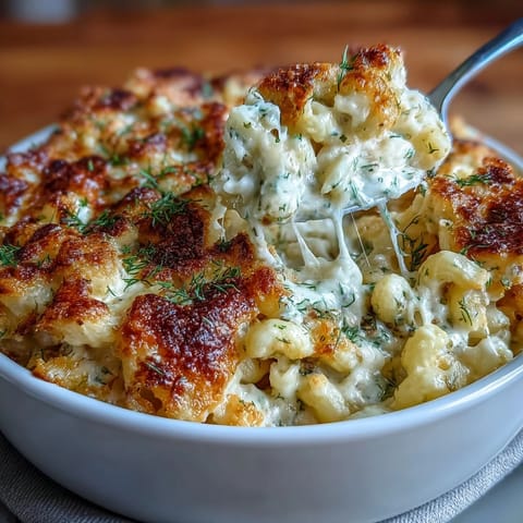 Creamy Dill Pickle Mac and Cheese with sharp cheddar and fresh dill garnish.