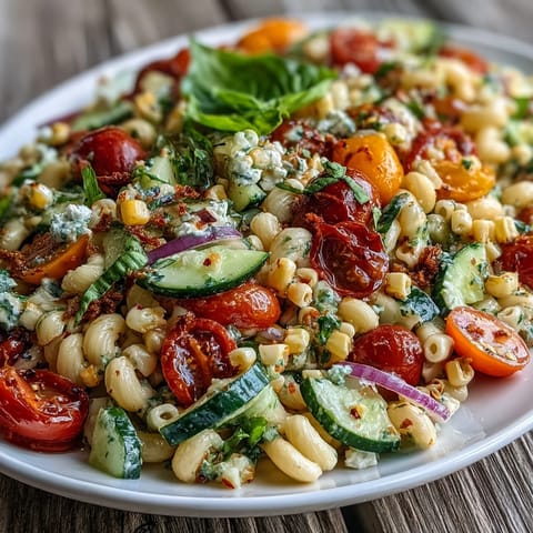Vibrant summer corn and tomato pasta salad, bursting with fresh flavors and zesty dressing.