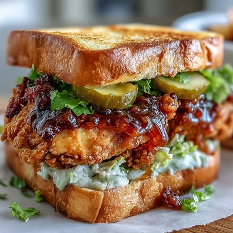 Golden brown Crispy Hot Honey Chicken Sandwich with pickles awaits.