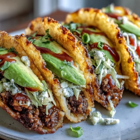 Golden crispy rice burger tacos piled high with fresh toppings.