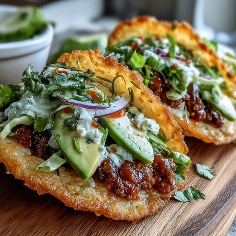 Savory burger filling nestled in delicate, folded crispy rice shells.