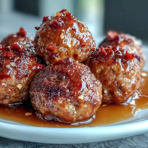 Tender hot honey peach meatballs glistening in a sweet glaze, ready to serve.