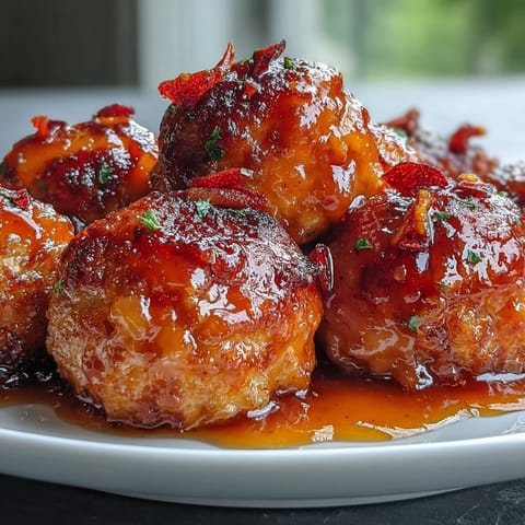 Juicy baked meatballs coated in a vibrant, spicy hot honey peach sauce.