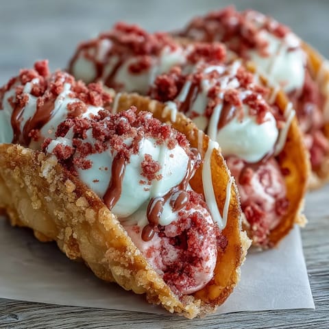 Crispy baked taco shells filled with cheesecake, topped with strawberry crunch.