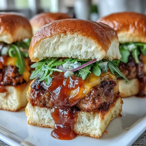Peach Bourbon BBQ Meatloaf Sliders glistening with sweet, smoky sauce on buns.