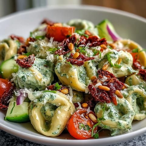 Vibrant Creamy Pesto Tortellini Picnic Salad with fresh cherry tomatoes and pine nuts.