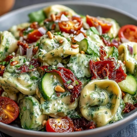 This Creamy Pesto Tortellini Picnic Salad is chilled and ready for outdoor dining enjoyment.