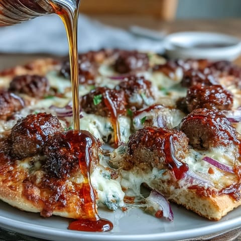 Savory hot honey meatball pizza with melted cheese and vibrant red onion.