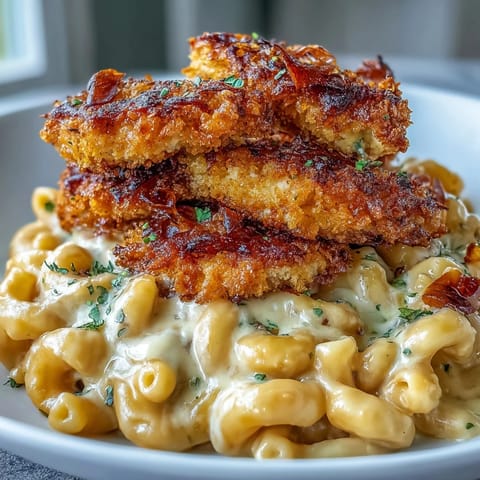 Creamy pumpkin mac and cheese topped with golden crispy chicken.