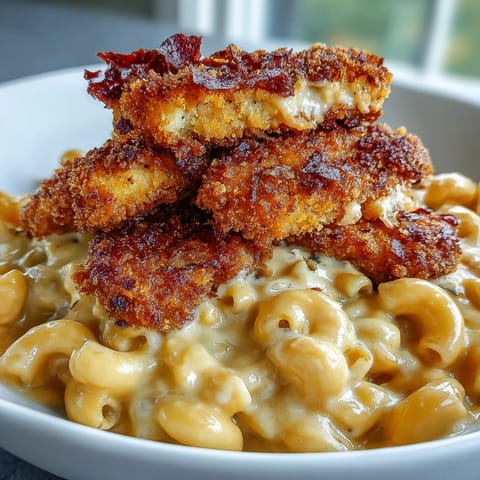 Delicious pumpkin mac and cheese with a crunchy chicken topping.