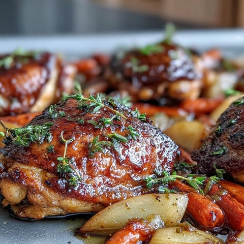 Juicy seared chicken alongside sweet balsamic pears and carrots, ready to serve.
