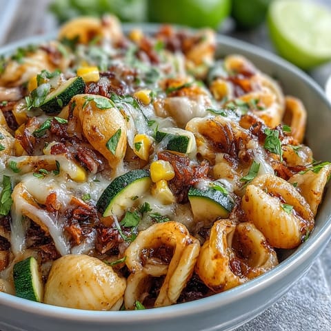 Bright corn and zucchini taco pasta, a colorful Tex-Mex fusion dish.