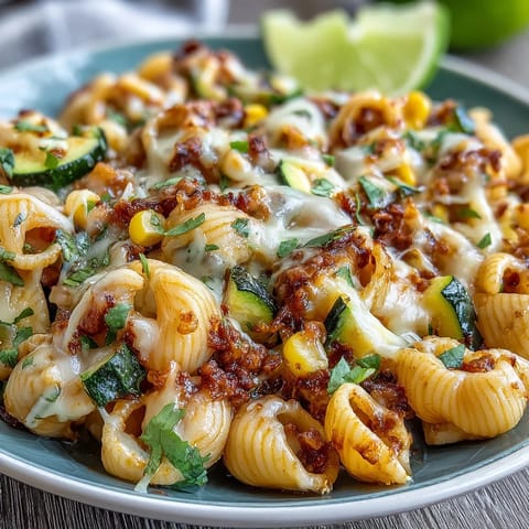 Hearty one-pan corn and zucchini taco pasta with melted cheese topping.