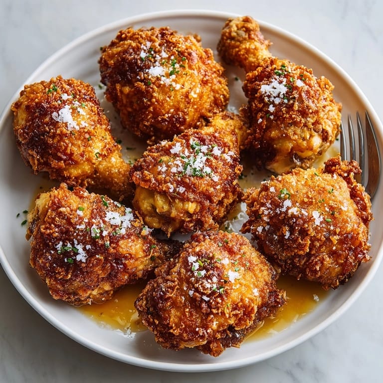 Mouthwatering fried chicken, featuring juicy pickle brine flavor, topped with golden honey, for a delightful meal.