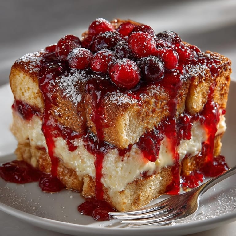 Fluffy pieces of sourdough bread baked into a rich, custardy Sourdough French Toast Casserole topped with sweet berries.