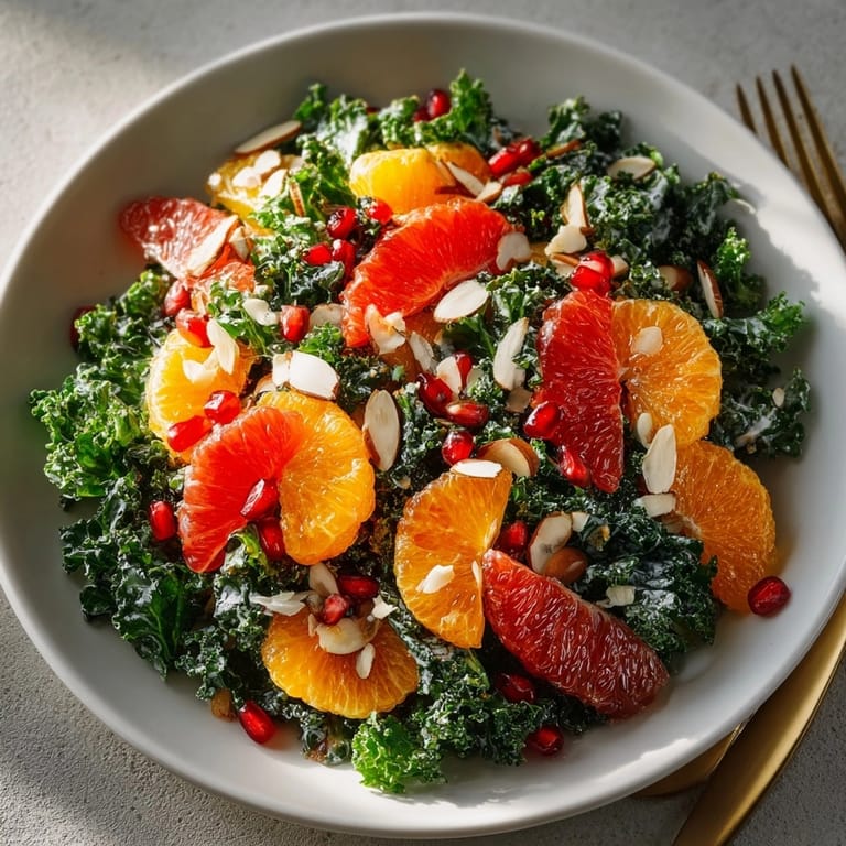 Freshly made Winter Citrus Kale Salad, tossed in a light vinaigrette, ready to refresh and brighten your meal.