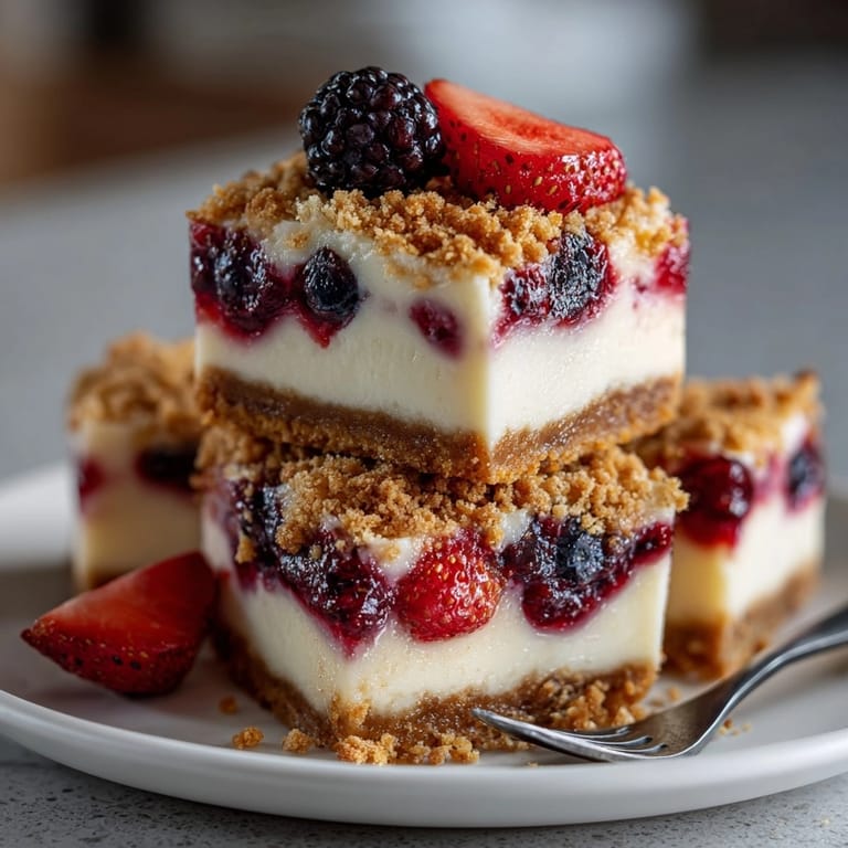 A close-up of vibrant, swirled frozen berry cheesecake bars with a golden graham cracker crust.
