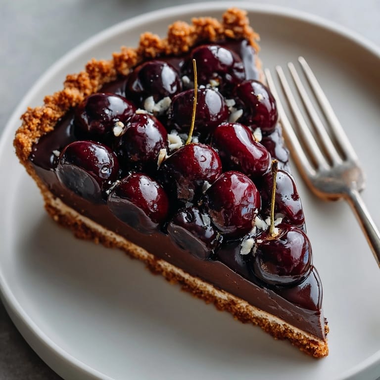 A slice of decadent dark cherry chocolate tart, showcasing the crispy almond crust.