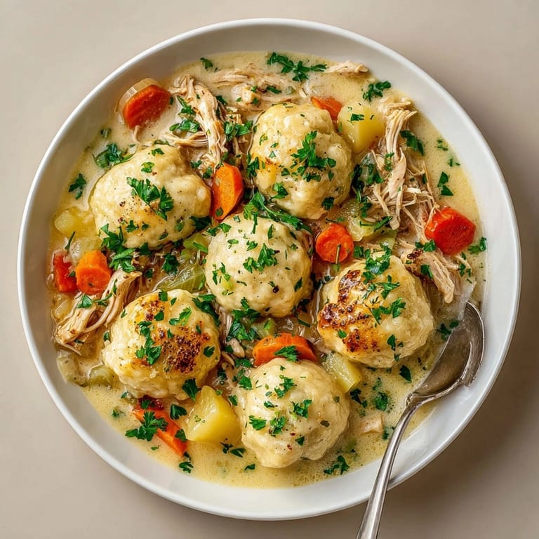 Enjoy a warm and savory bowl of hearty slow cooker chicken and dumplings, ready to serve family style.