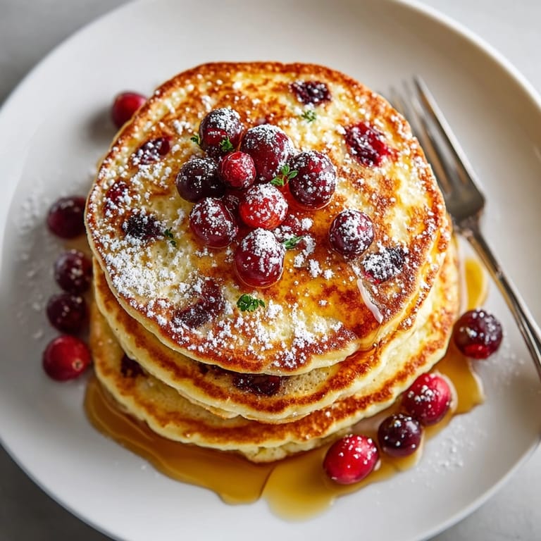 Close-up of beautifully cooked Cranberry Orange Ricotta Pancakes, showcasing juicy cranberries and a citrusy aroma.