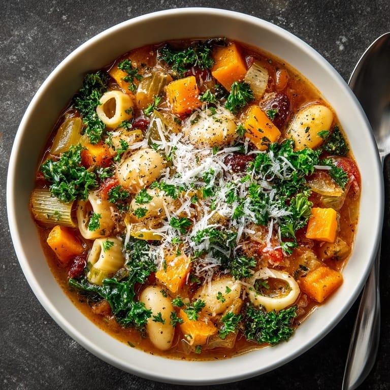 Steaming Winter Vegetable Minestrone with white beans, served with Parmesan, ready to be enjoyed.