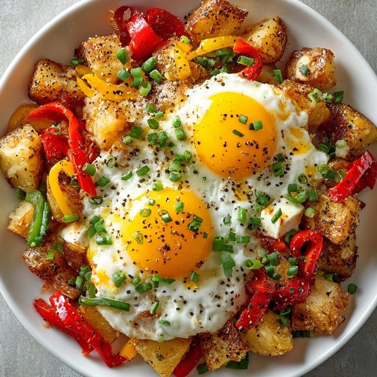 A close-up photo of a steaming Everything Bagel Breakfast Hash, garnished with fresh chives and green onions.