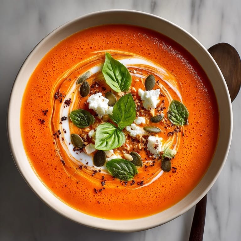 Vivid image: a velvety bowl of creamy roasted red pepper soup, perfect for a chilly evening.