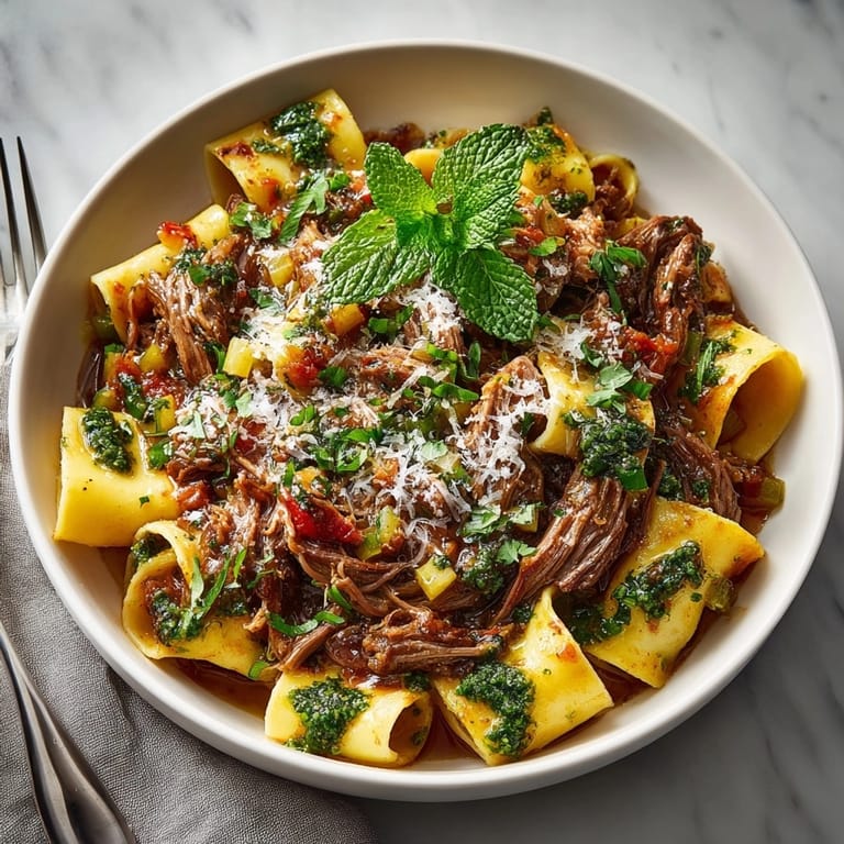 Slow-cooked Lamb Ragu Pappardelle with Mint Oil, with a vibrant green mint oil swirl and fresh herbs.