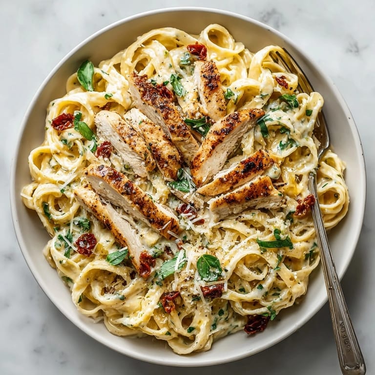 A close-up of Marry Me Chicken Pasta, featuring chicken and pasta in a rich sauce, drizzled with brown butter.