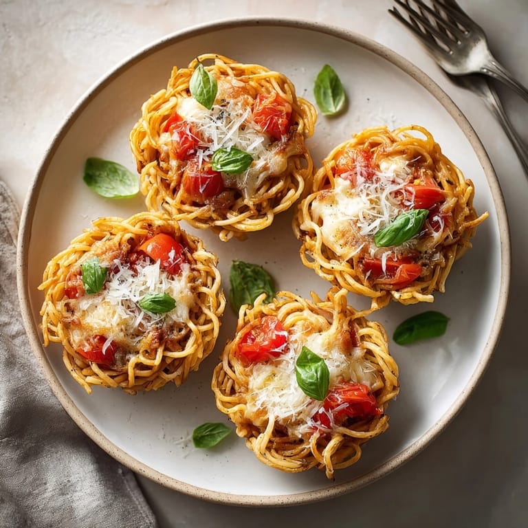 Homemade Pasta Nest Bowls, brimming with savory tomato sauce and a topping of melted cheese, ready to eat.