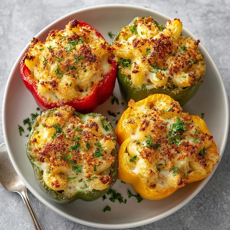 Hearty mac and cheese stuffed peppers served hot as a comforting vegetarian main dish.