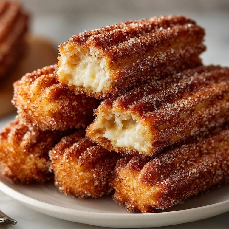 Freshly fried cinnamon sugar churro bites glistening with buttery sweetness on a rustic dessert table.