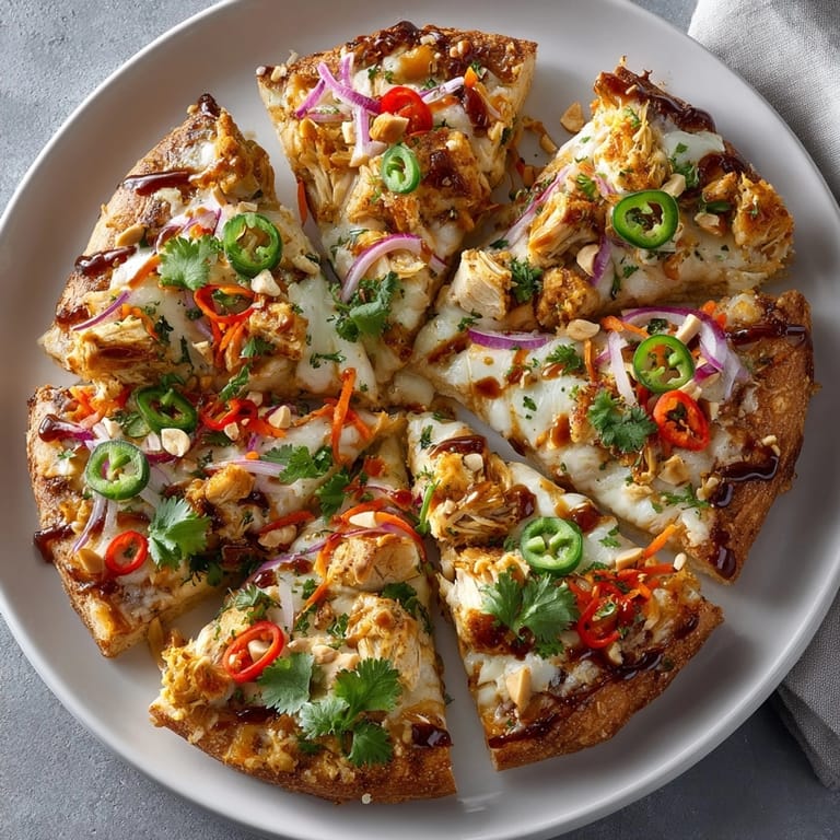 Homemade Thai Peanut Chicken Pizza served hot with tender chicken, crunchy toppings, and rich, savory sauce