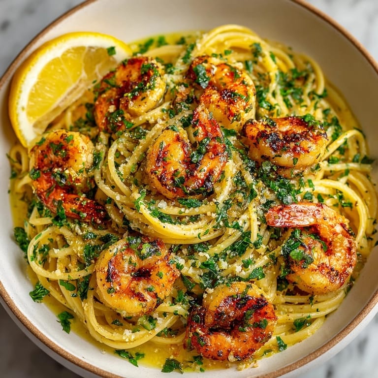 Shrimp and garlic pasta in a white wine sauce, steaming hot with a sprinkle of Parmesan.