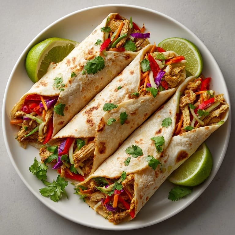 Freshly made Thai Curry Chicken Wraps sliced open, revealing vibrant vegetables and tender spiced chicken