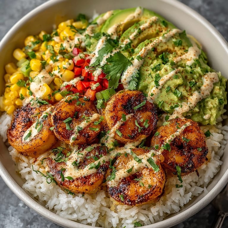 Juicy grilled shrimp with creamy avocado and corn salsa, drizzled with zesty sauce, ready to eat.