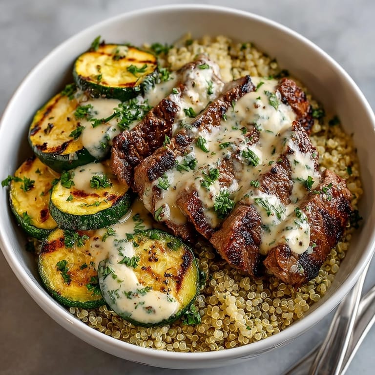 Juicy grilled steak bowl with creamy sauce and smoky zucchini, perfect for dinner