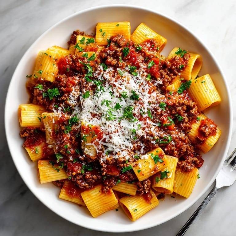 Close-up of savory homemade Bolognese sauce, slow-cooked with tomato and herbs for serving.