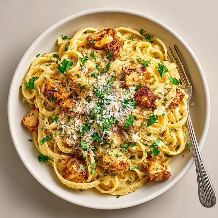 Freshly made Cowboy Butter Chicken Linguine served hot, showcasing golden chicken and a savory, spicy sauce.