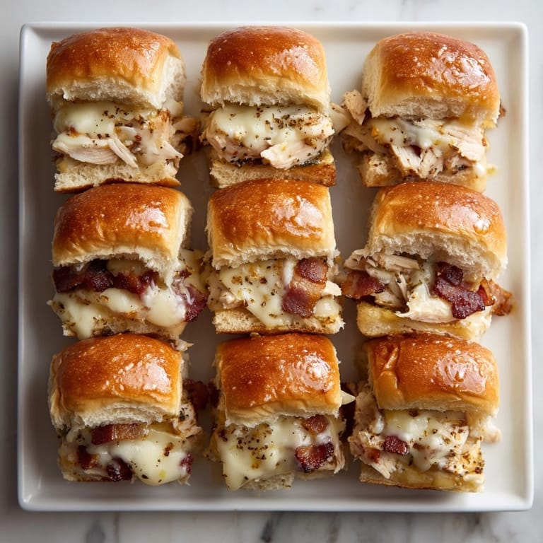 Close-up of maple chicken and bacon sliders, crispy bacon and melted cheese tempting for party appetizers.