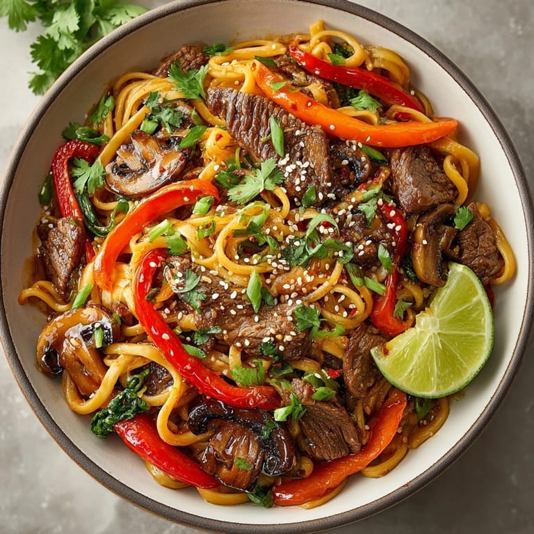 Colorful Hoisin Beef Noodles with tender beef strips, crisp veggies, and glossy sauce.