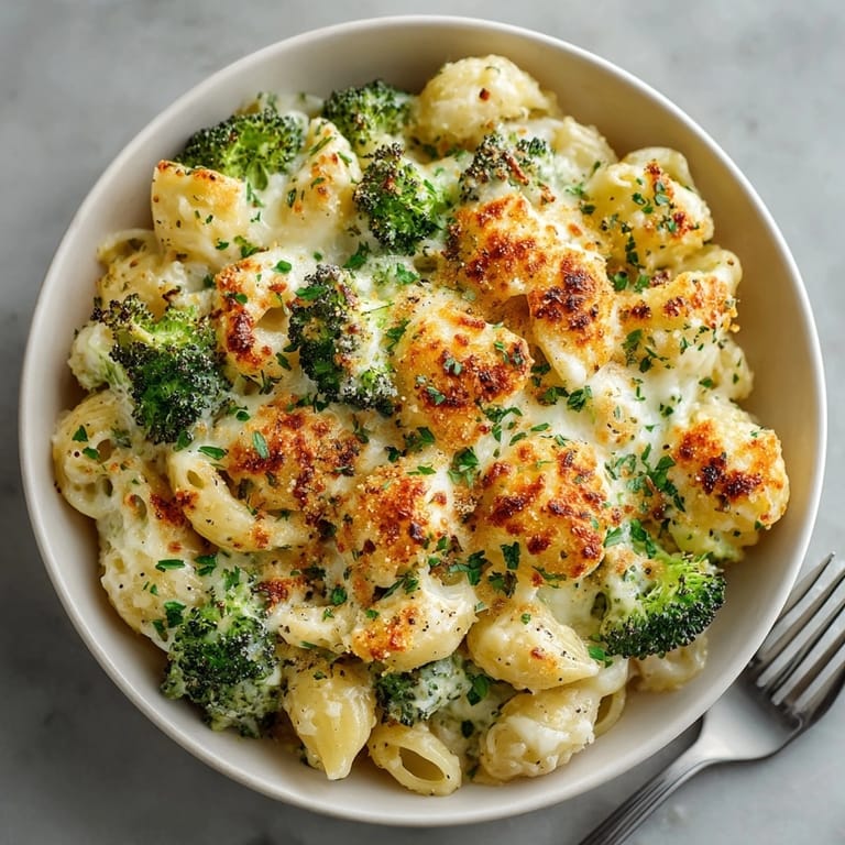 Plated Alfredo Broccoli Mac Bake garnished with parsley, showing melty cheese and tender pasta.