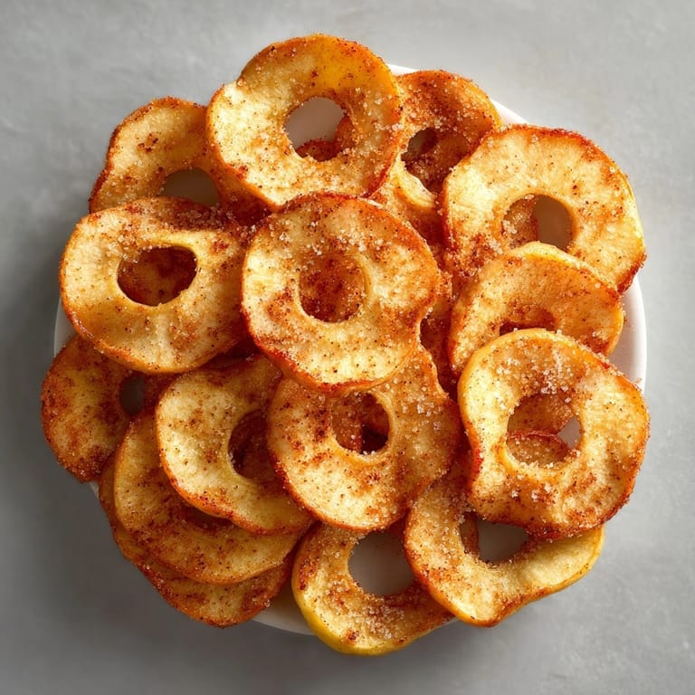 Pile of crispy spiced Cinnamon Nutmeg Apple Chips, perfect topping for morning oatmeal.