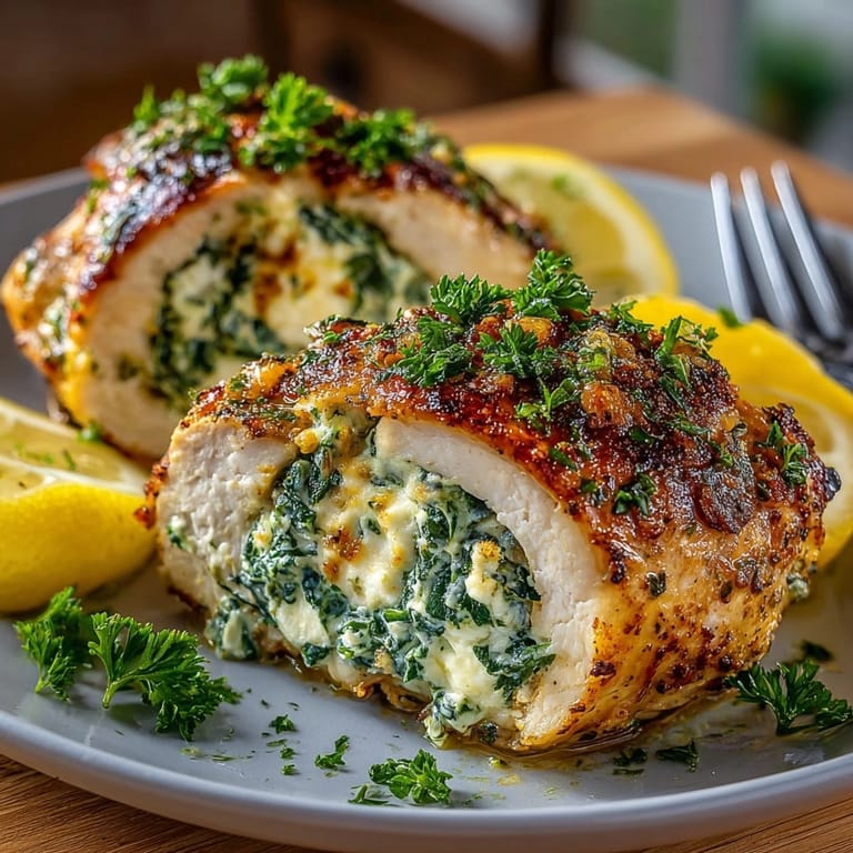 Making easy, low-carb Feta Spinach Stuffed Chicken Breast; serve with lemon and parsley.