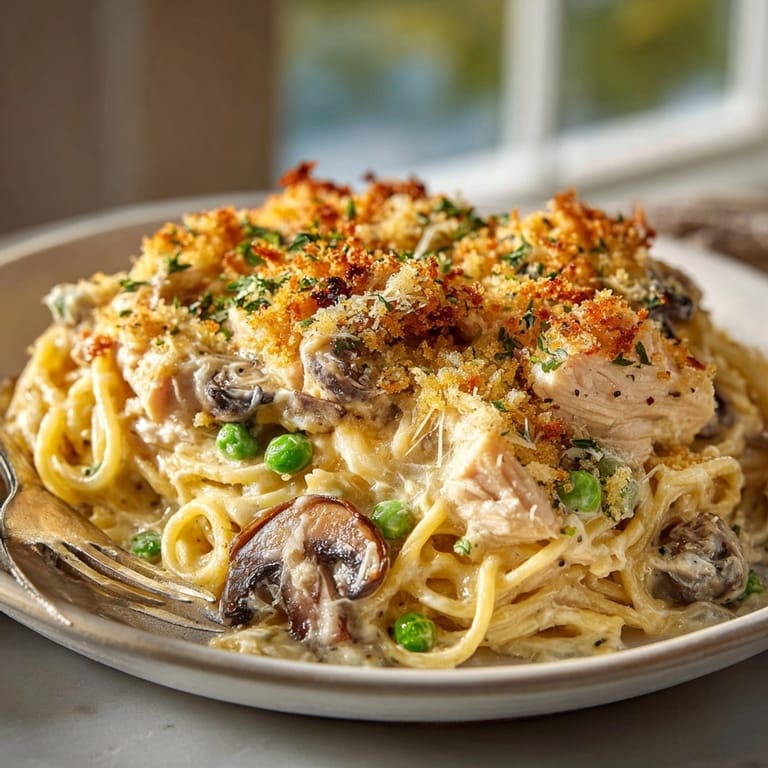 Close-up of a delicious slice of Turkey Tetrazzini Casserole, showcasing the moist and savory ingredients.
