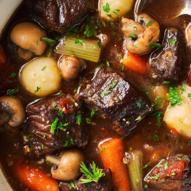 Golden brown beef chunks simmering slowly with rich red wine in this classic Beef Stew.