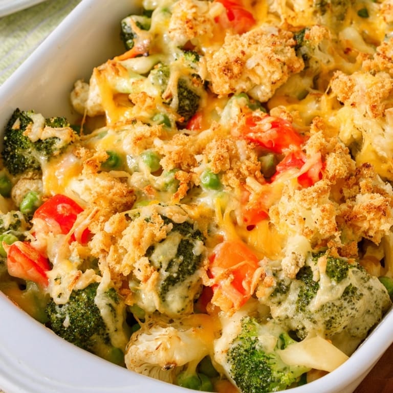 Cheesy Vegetable Casserole: Creamy, cheesy sauce covers colorful vegetables in a family-friendly baked dish.