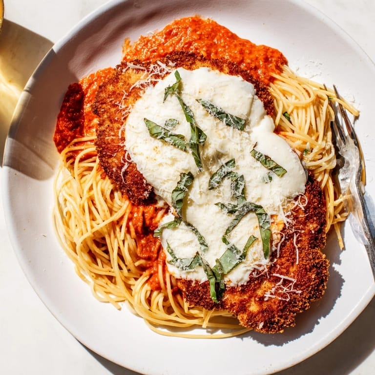 Homemade Chicken Parmesan with Vodka Sauce over pasta, a comforting and savory Italian-American meal.