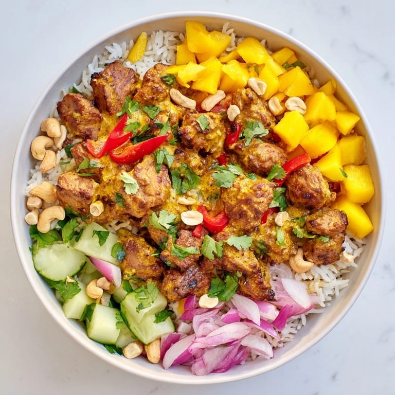 Golden Mango Masala Chicken Tidy Bowls with fluffy rice, tangy yogurt, and fresh mango.