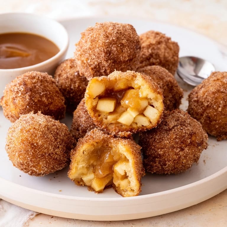 Golden churro balls filled with apple goodness, coated in cinnamon sugar for dessert bliss.